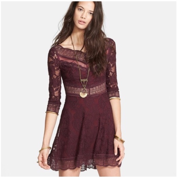 Free People Burgundy Lace Long Sleeve Dress - Picture 1 of 4